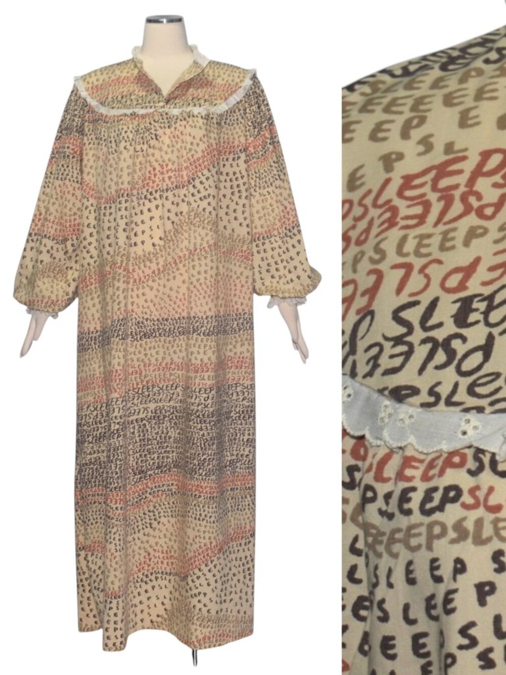 Vintage 1970s  "SLEEP" Novelty Print Maxi Nightgown Psychedelic Dress L XL